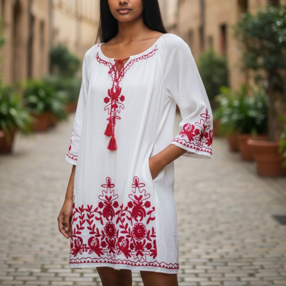 C|C Chic Connection Embroidered Boho Dress or Swim Cover-Up White Red - Picture 1 of 9